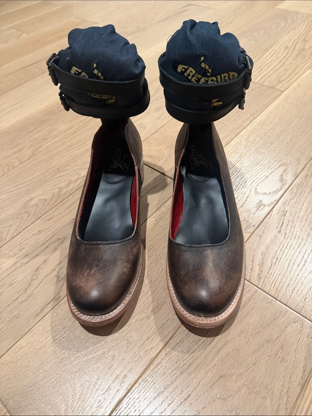 Freebird by Steven Brown Leather Ankle-Strap Heels with Red Lining